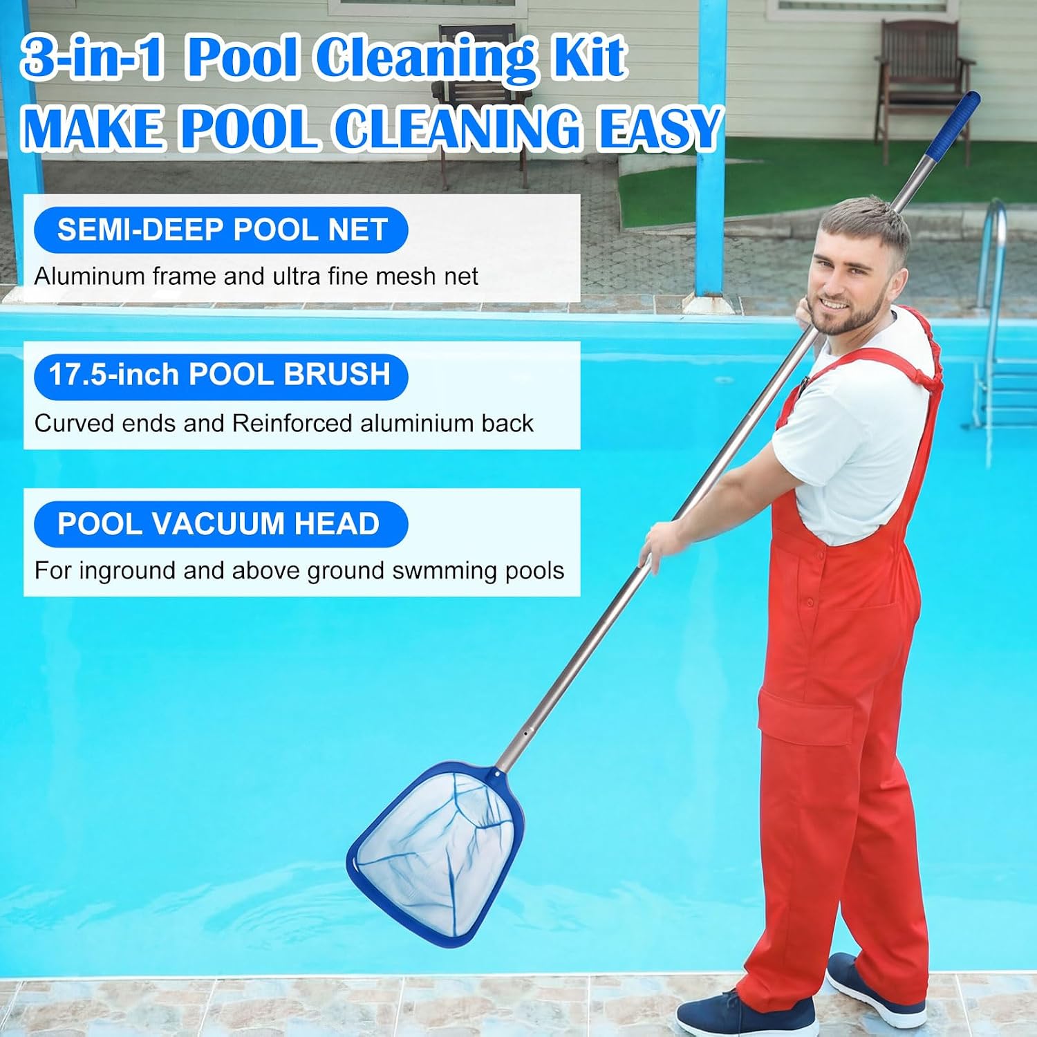 3 Pcs Pool Cleaning Kit Manual Pool Vacuum Head with Bottom Brushes, Large Brush and Skimmer Net Fine Mesh for Above