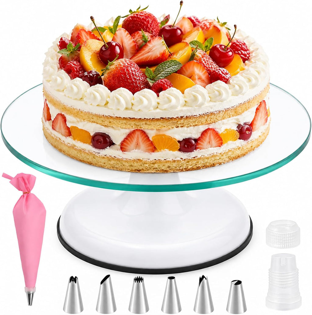 12" Glass Cake Turntable with 6 Icing Piping Tips, 1 Piping Bag