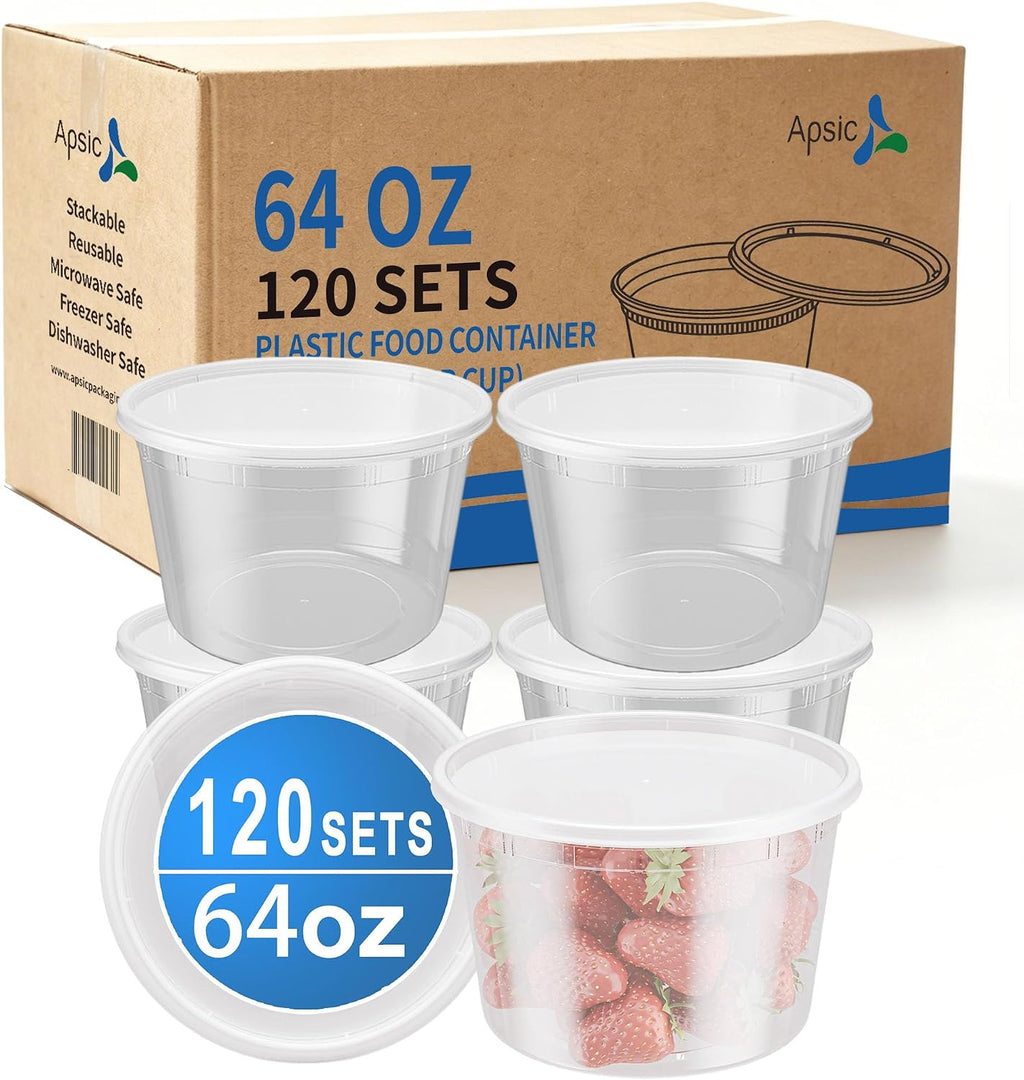 Plastic Deli Containers with Lids, 120 Sets 64 oz Leakproof Soup Cups