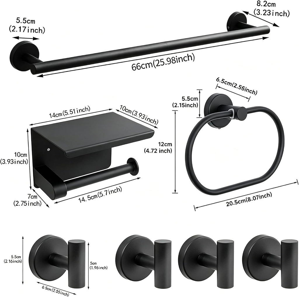 7-Piece Bathroom Hardware Accessories Set, SUS304 Towel Bar, Black | 25.9-Inch Towel Rack, Oval Towel Ring, Toilet