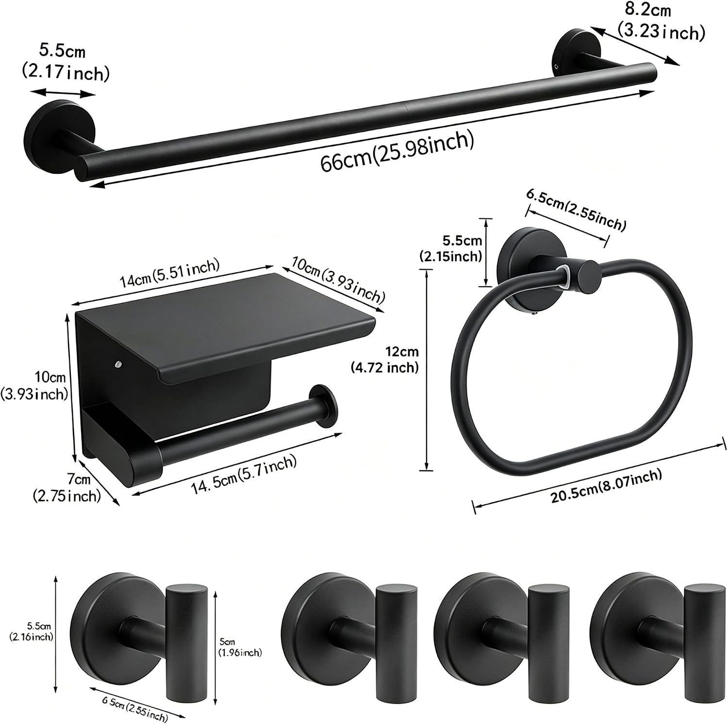 7-Piece Bathroom Hardware Accessories Set, SUS304 Towel Bar, Black | 25.9-Inch Towel Rack, Oval Towel Ring, Toilet