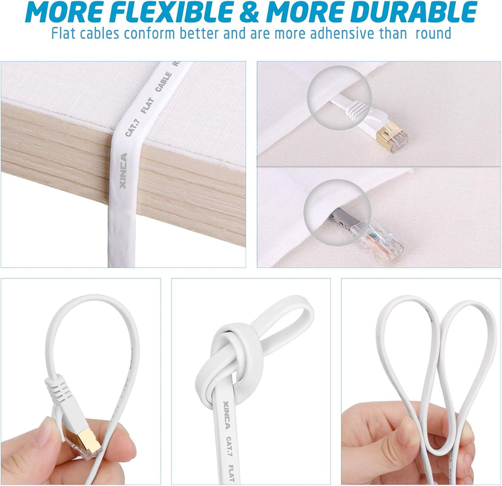 Cat 7 Flat Ethernet Cable 50ft White, High Speed 10GB Shielded (STP) LAN Internet Network Cable Ethernet Patch