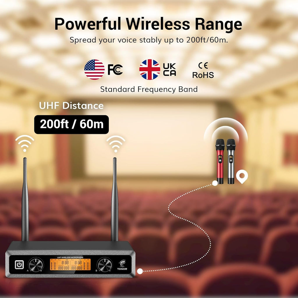 Wireless Microphones System, 2 * 15 Channel Dynamic Mics Silver*2 | UHF Handheld Metal Mic with Receiver, Pro