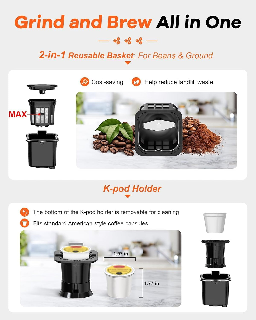 Single Serve Coffee Maker with Built-in Grinder, Fast Brew 6-16oz Single Cup for Whole Beans, Grounds, K Pod, Grind