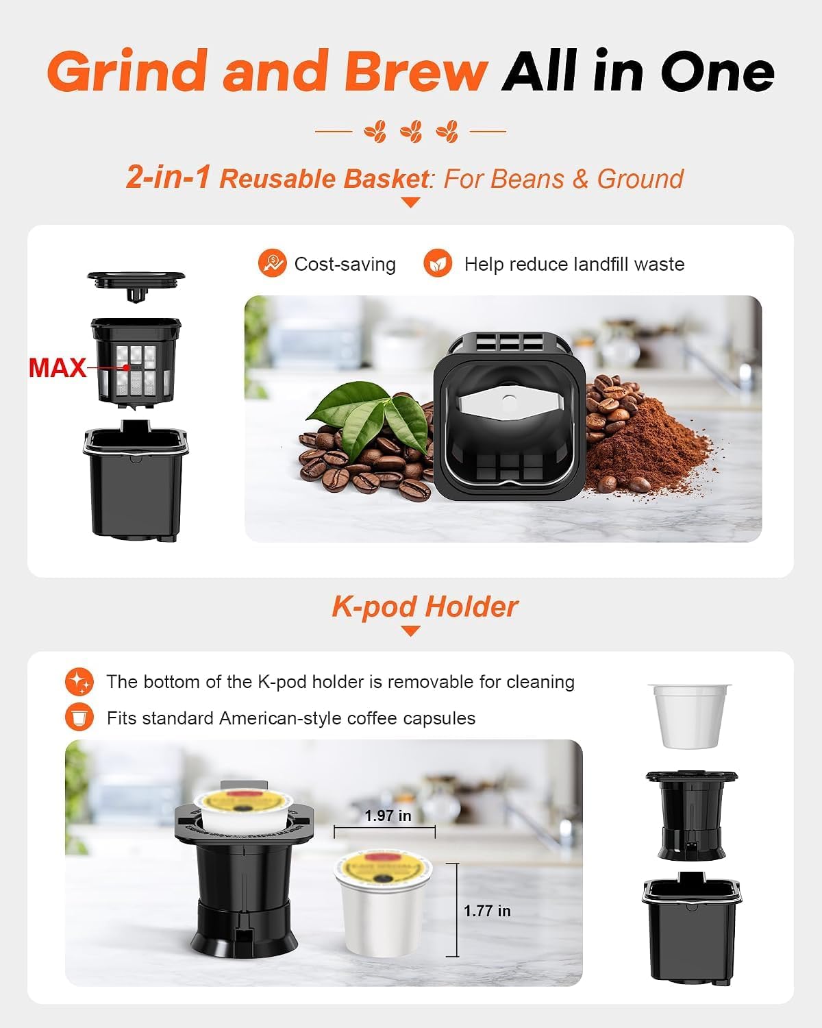 Single Serve Coffee Maker with Built-in Grinder, Fast Brew 6-16oz Single Cup for Whole Beans, Grounds, K Pod, Grind
