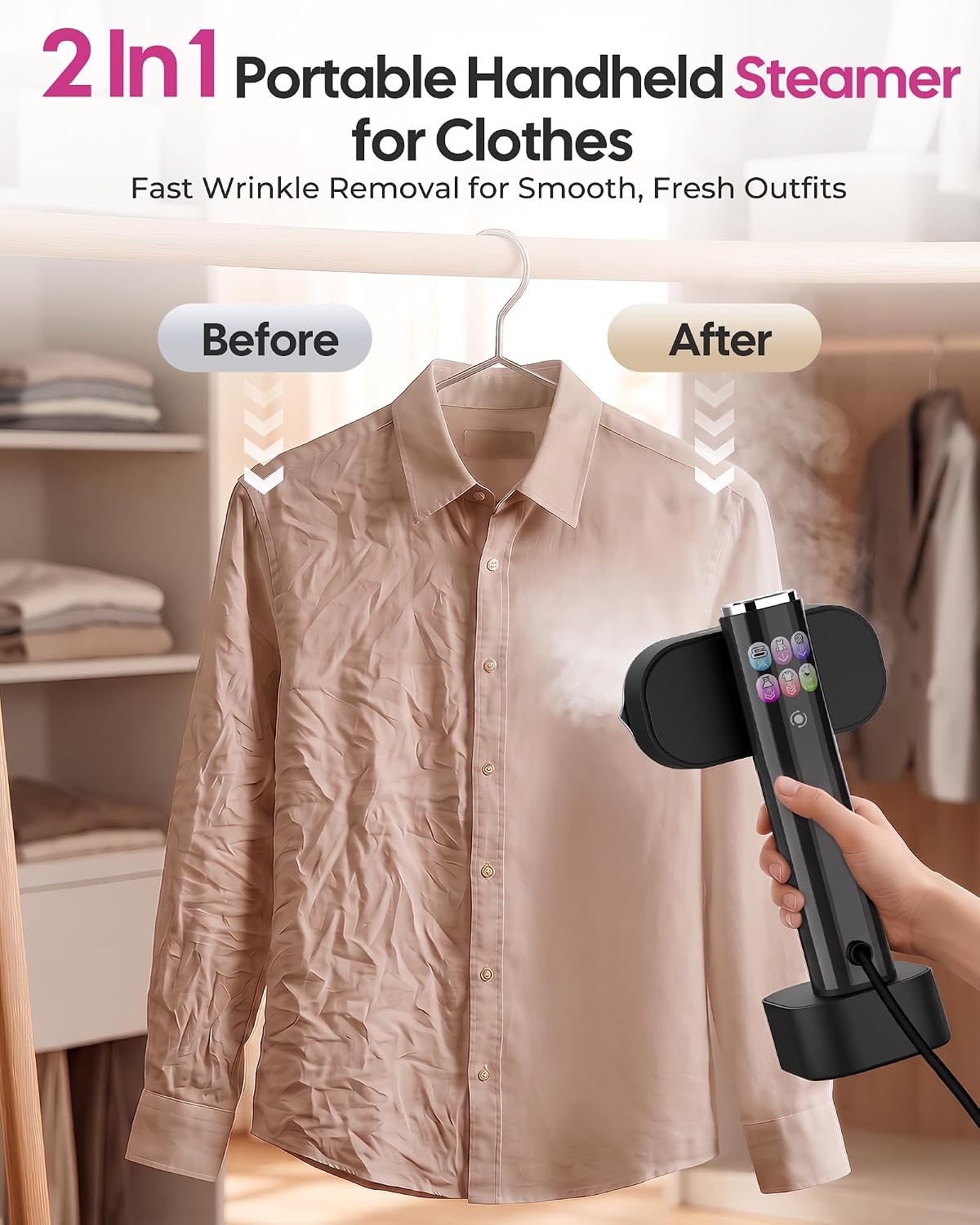 Travel Steamer for Clothes, 2-in-1 Handheld Garment Steamer & Iron, Black | 15s Fast Heat-Up, 1200W, No-Leak Portable