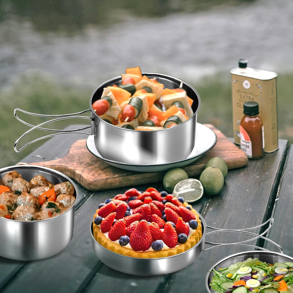 18/8 Stainless Steel Camping Cook Pot Set of 4 pcs | Camping Messware Kit, Backpacking Camping Cookware, Picnic