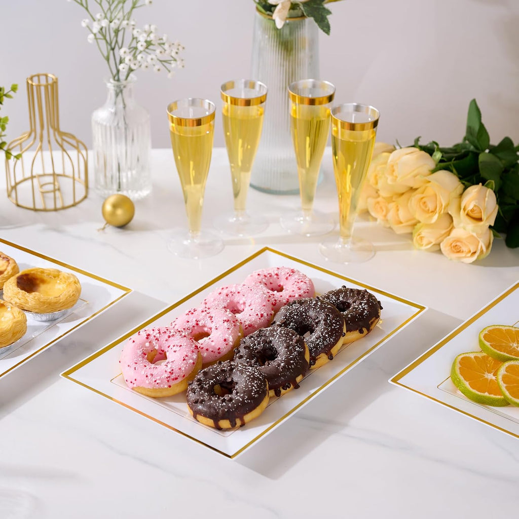 8 PCS Plastic Serving Trays for Party, White Gold Rim Platters