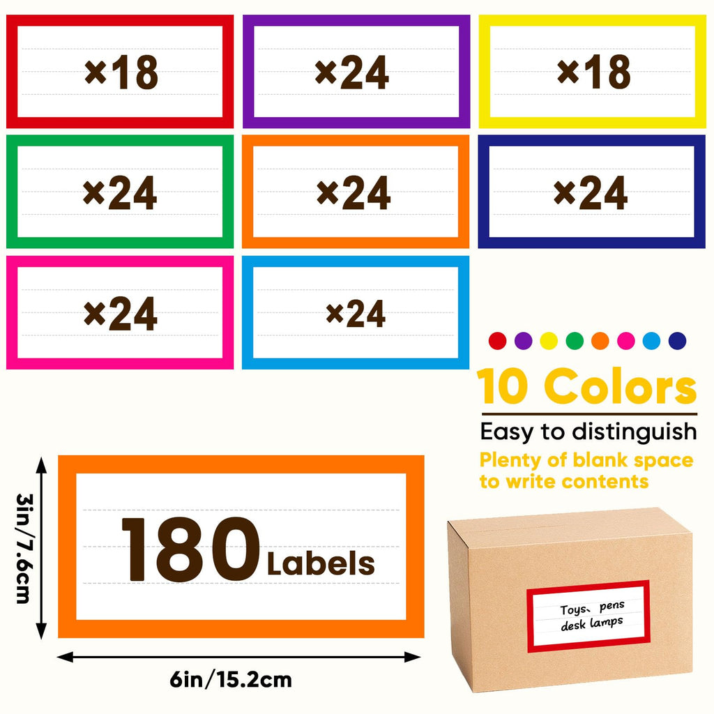 6 x 3 inch Large Moving Labels for Boxes, 180 Pcs 8 Color Coded Moving Stickers, Waterproof Blank Moving Boxes Labels
