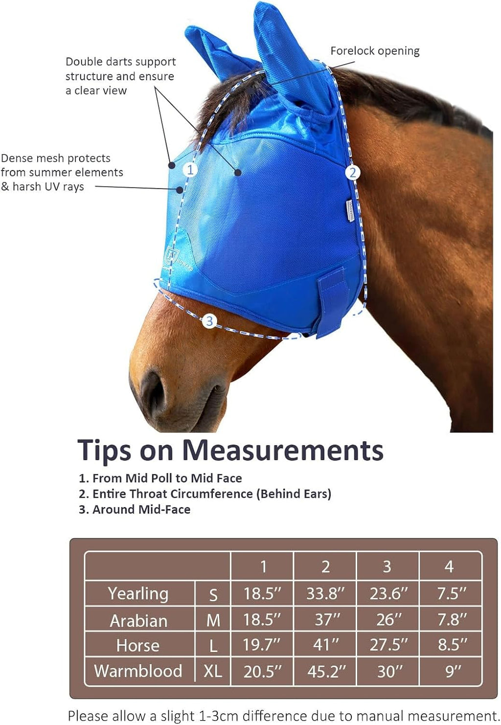 UV-proof Multi-Function Fabrics Thick Fleece Padding Horse Fly Mask Half Face with Ears Signature Blue Horse Large