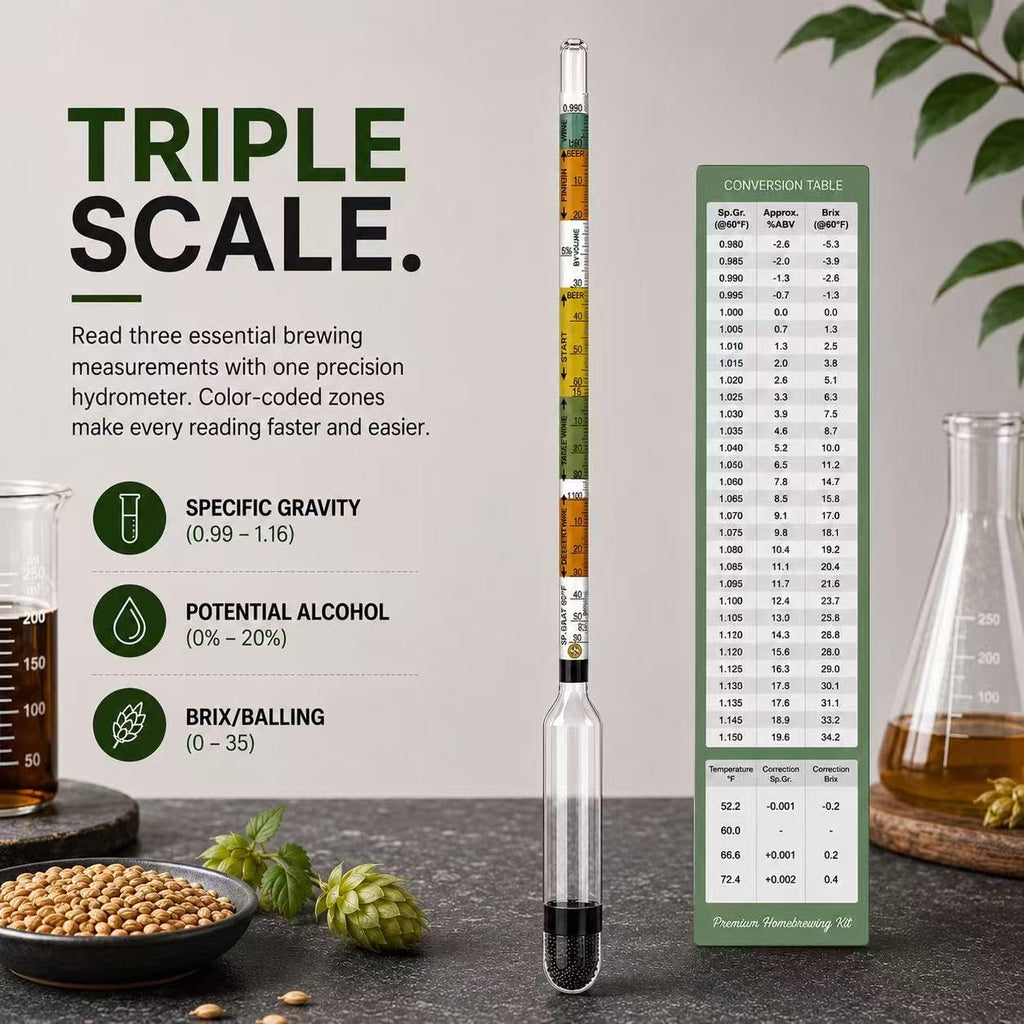 Triple Scale Hydrometer, Specific Gravity Hydrometer for Wine Making, Mead, Kombucha & Beer, Mead Making Kit, ABV