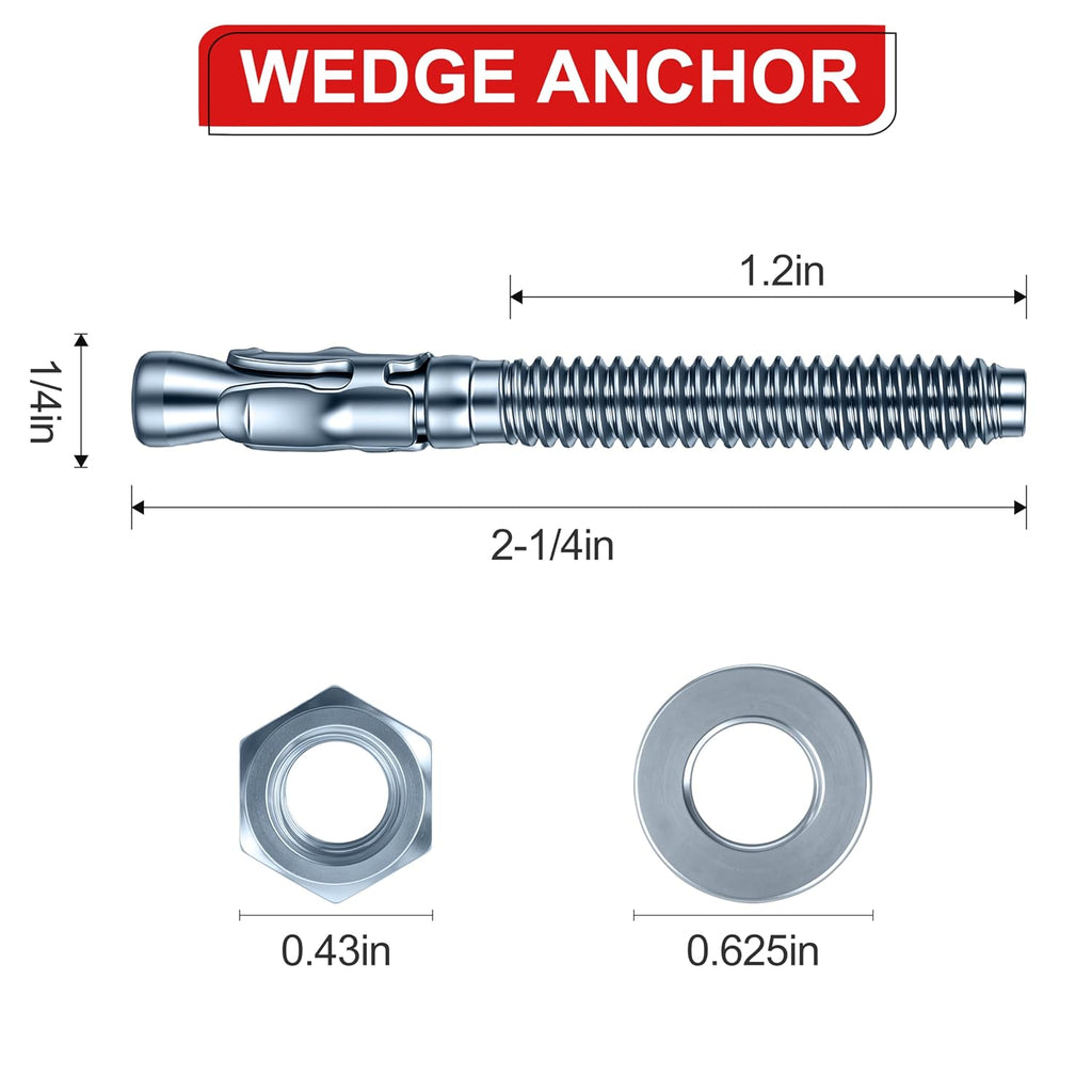 1/4 x 2-1/4 in Wedge Anchors 12 pcs Galvanized Concrete Anchors