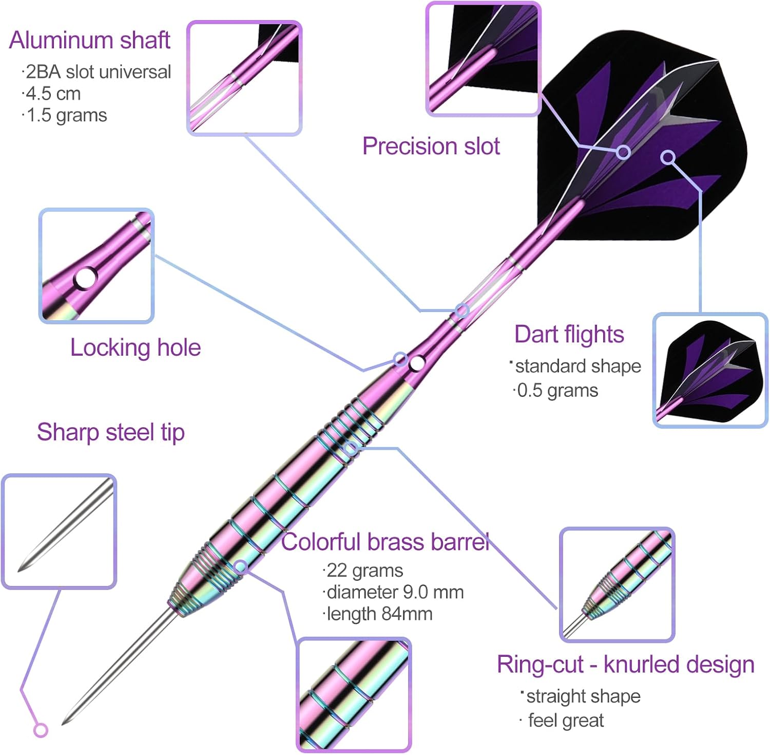 Steel Tip Darts Set for Dartboard, Professional Brass Darts Metal Tip Black Purple Aluminium Nylon Shafts 9 Flights