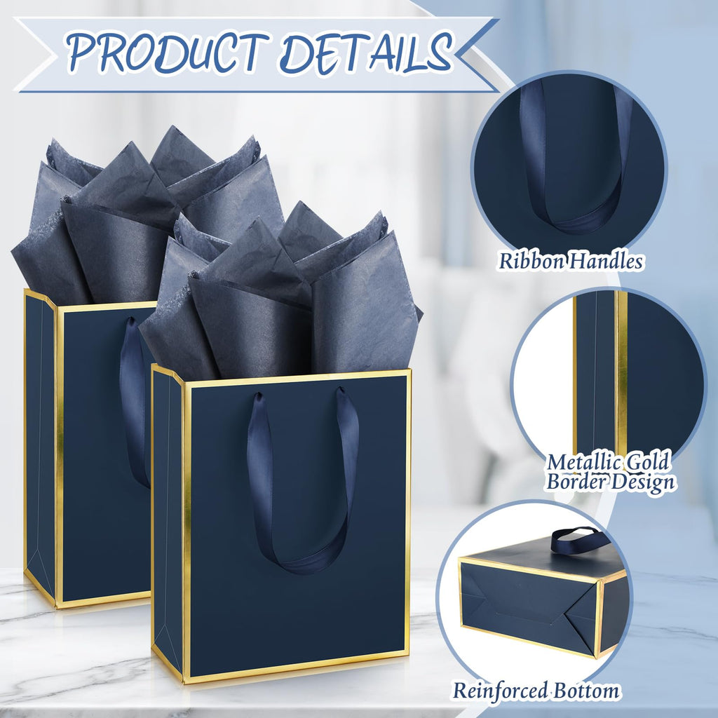 50 Pack Metallic Paper Gift Bag Bulk with Handle, Navy Blue, Gold