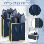 50 Pack Metallic Paper Gift Bag Bulk with Handle, Navy Blue, Gold