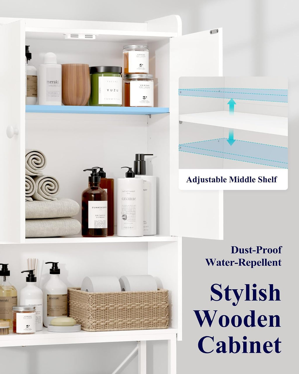68.1"H Over Toilet Storage Cabinet, Magnetic Door, Adjustable Shelf | Bathroom, Laundry Room, Small Spaces, Families