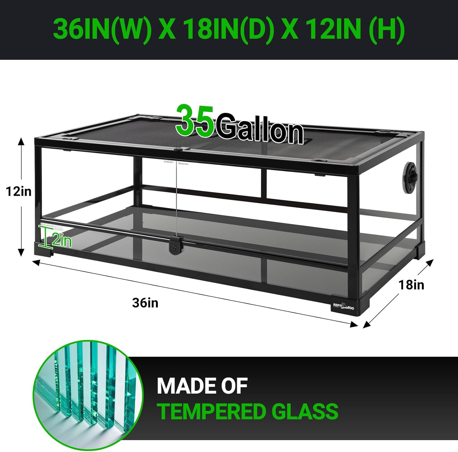 Full Glass 35 Gallon Reptile Tank, Front Opening Wide & Low Reptile Terrarium 36" x 18"x 12" for Lizard Gecko