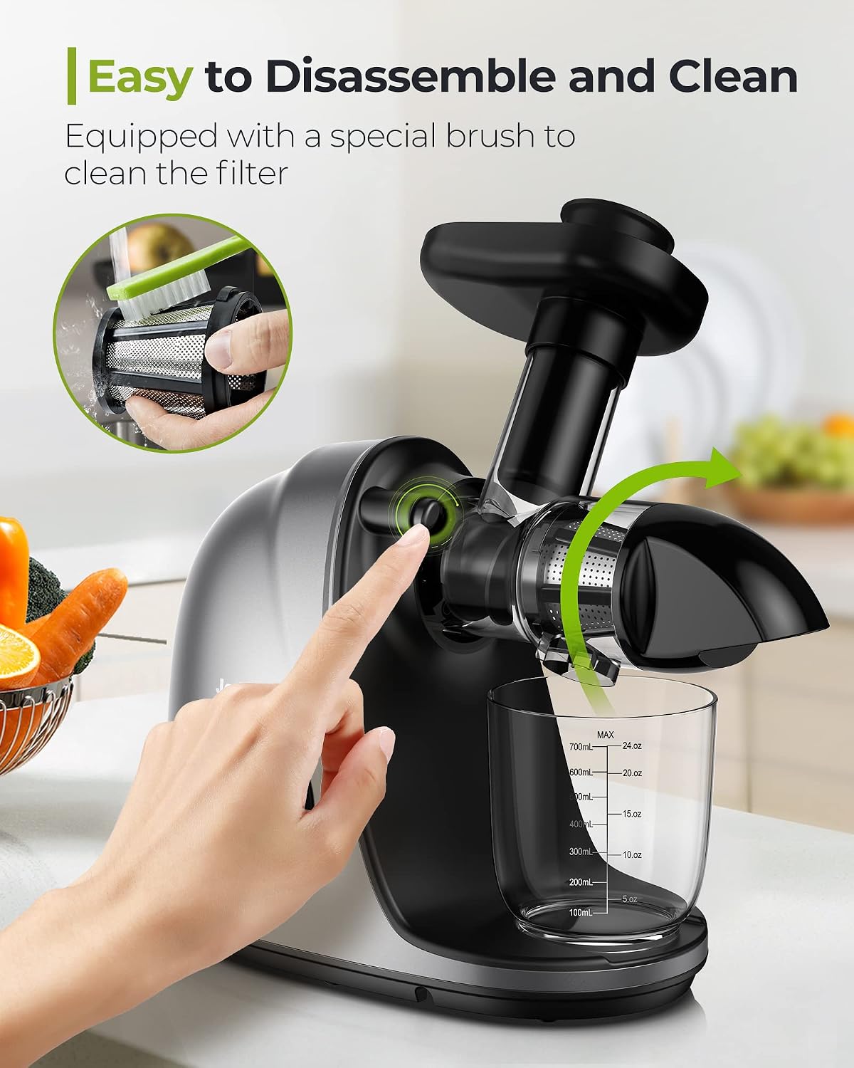 Slow Masticating Juicer with 2-Speed Modes - Cold Press Juicer Machine - Quiet Motor & Reverse Function - Easy to