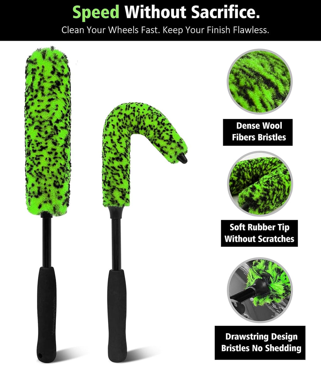 3PCS Quick Car Wheel Brush Kit, 360° Bendable Rim Cleaner, Green | 2-Size Flexible Rim Cleaning, Boars Hair Detailing