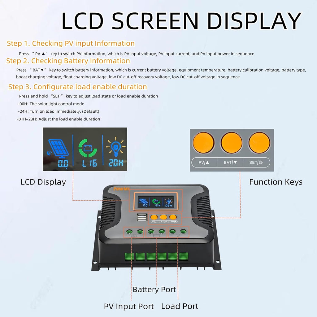 30A 12V/24V/36V/48V PWM Solar Charge Controller w/ LCD Display USB Port for AGM, Gel, Flooded and Lithium Battery,for