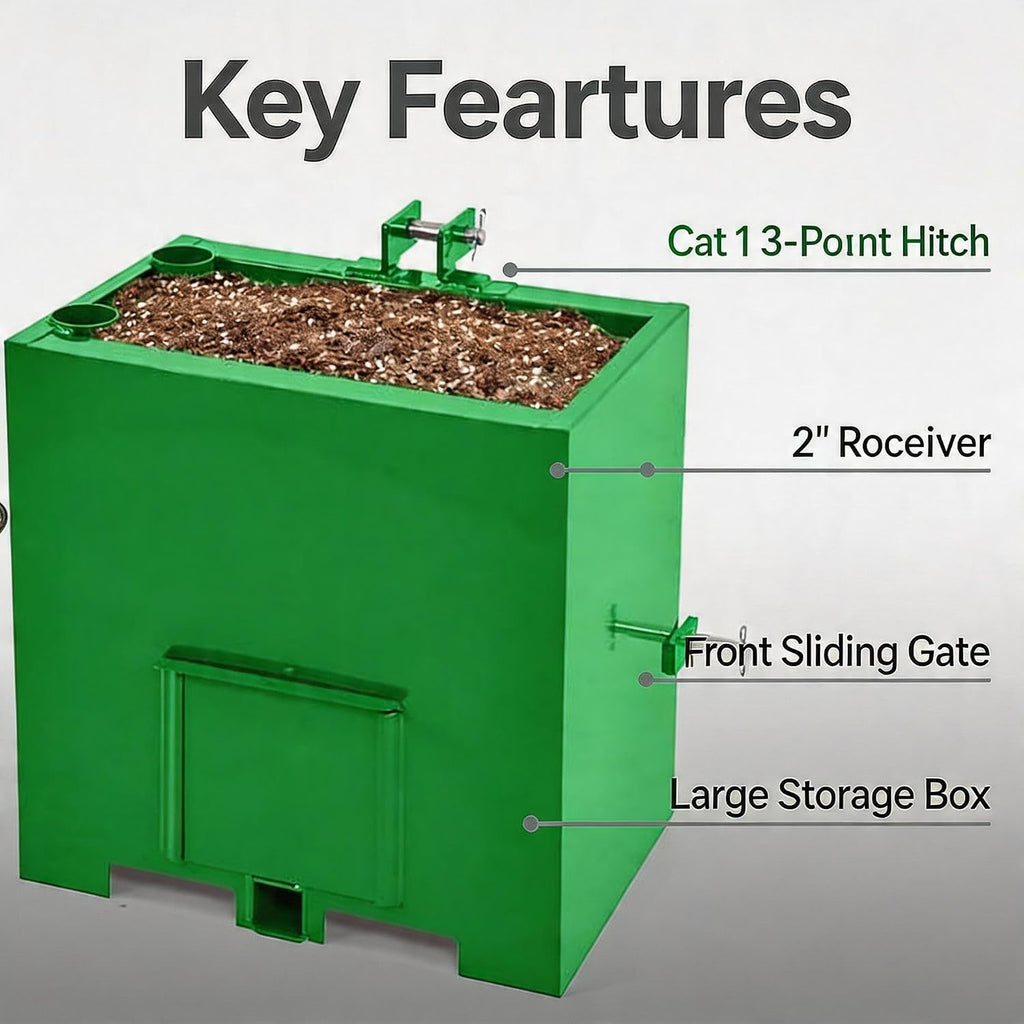 Heavy Duty Tractor Ballast Box – 800 Lbs Capacity Steel Counterweight | Fits Category 1 3-Point Hitch with Standard
