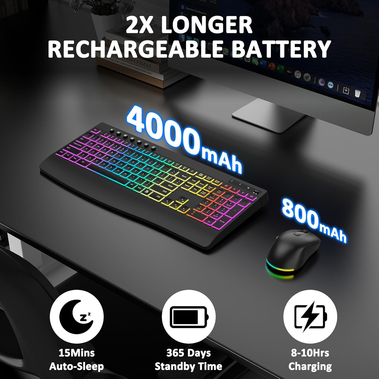 Wireless Keyboard and Mouse Combo, 9 Backlit Effects, 4000mAh Rechargeable Backlit Keyboard with Wrist Rest, 6 Button