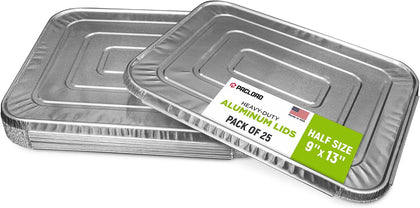 Aluminum Lids for 9" x 13" Half Size Steam Table Pans, Pack of 25 - USA-Made Disposable Foil Lids for Aluminum Trays