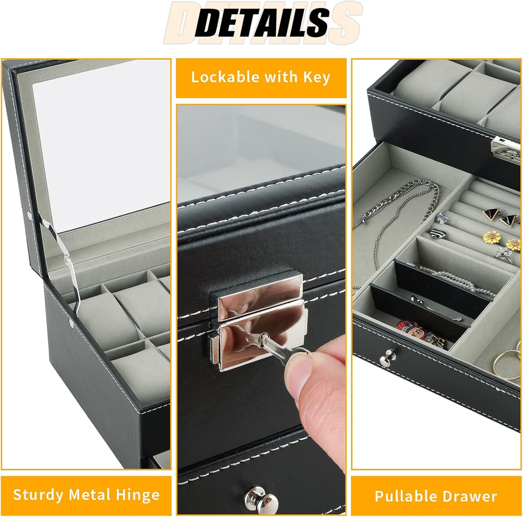 12 Slots Watch Case with Lockable Watch Jewelry Box for Women Men | Jewelry Display Case, Leather Watch Organizer