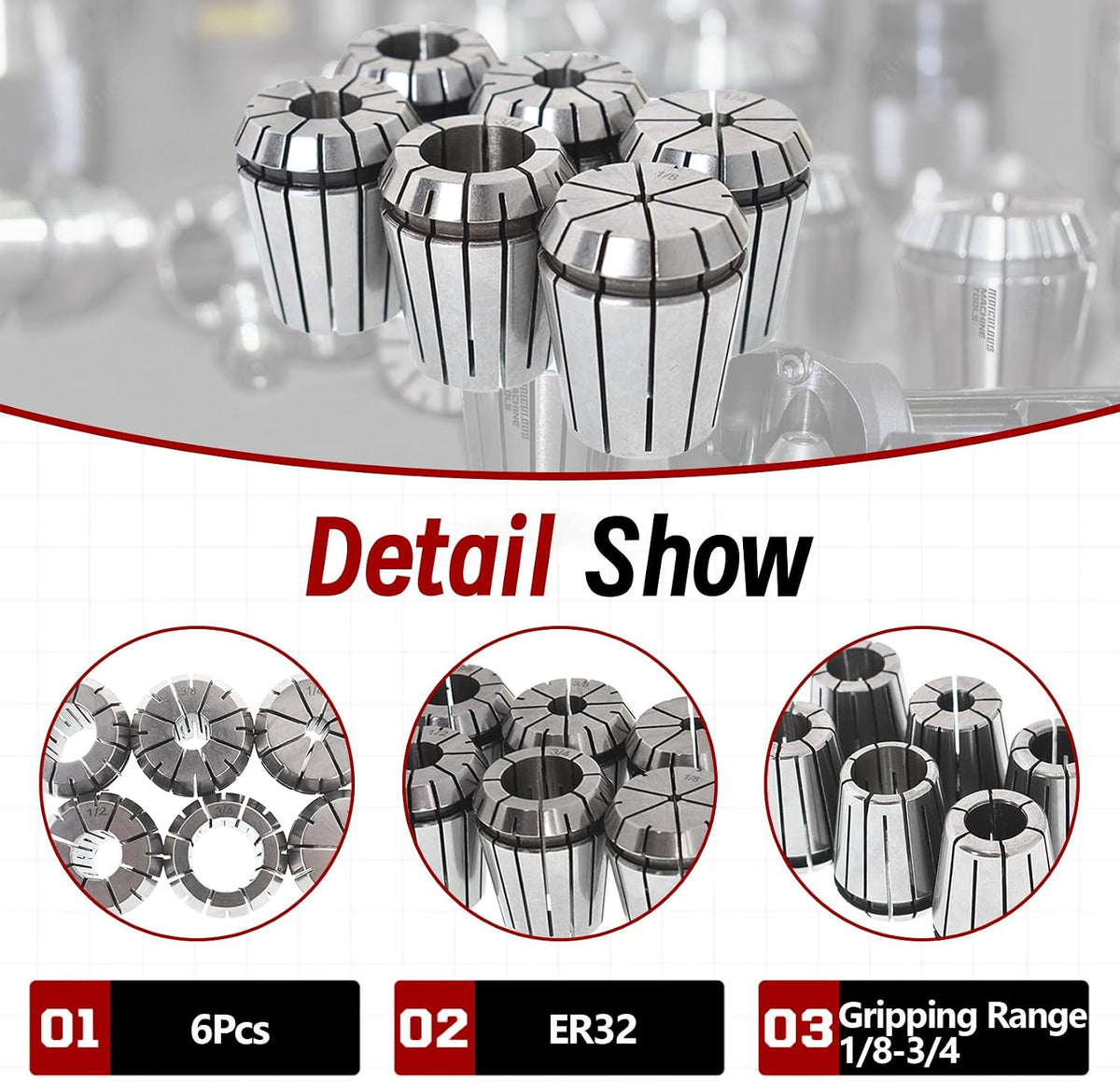 findmall 6Pcs ER32 Accuracy Spring Collet Set 1/8-3/4