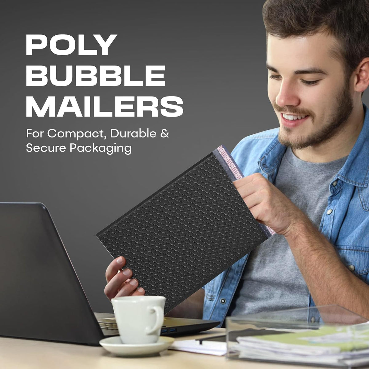 Jet Black Bubble Mailers 10x13, Self Seal Poly Padded Envelopes, 100 Pack