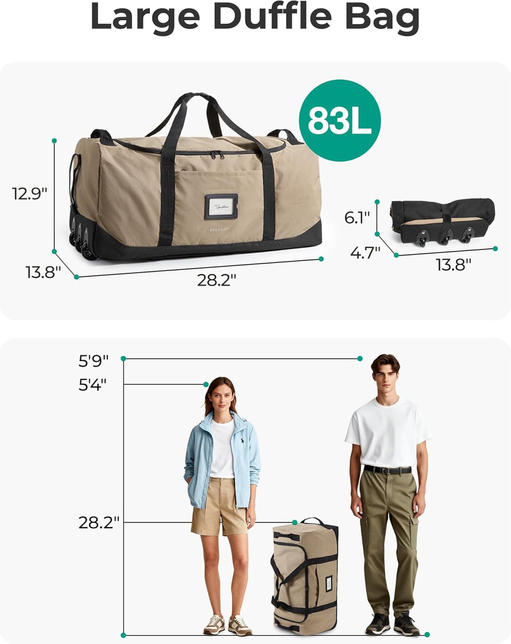 83L Foldable Travel Bag, Large Duffle Bag for Travel, Duffel Luggage Bag for Sport College Camping, Water Resistant