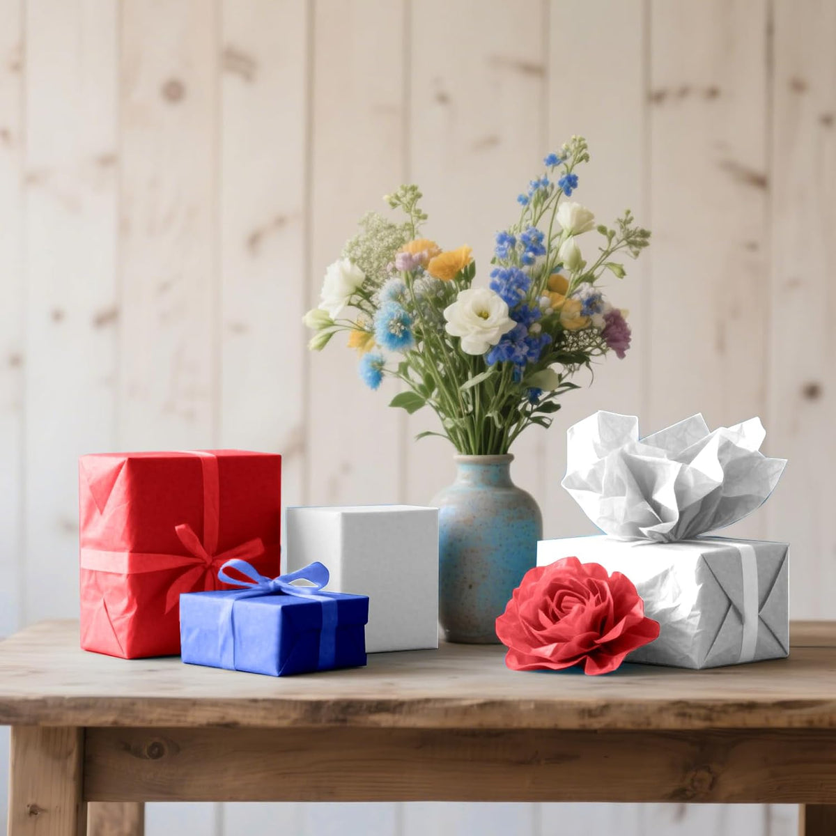 60 Sheets Red Blue White Tissue Paper for Gift Bags Flower Packaging