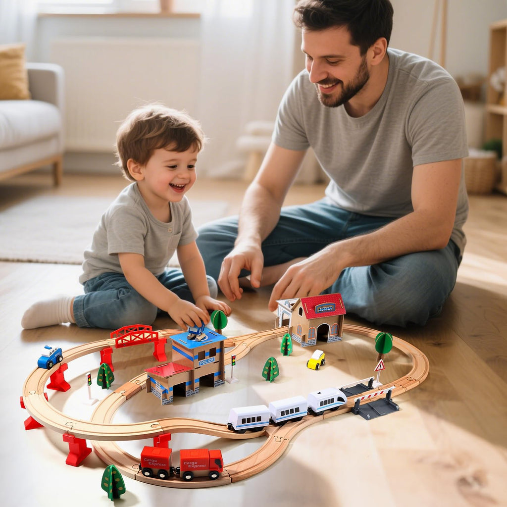 Electric Wooden Train Track Set Toy for Toddlers & Kids | 88 PCS Premium Beech Wood Train Tracks, Magnetic Train Set