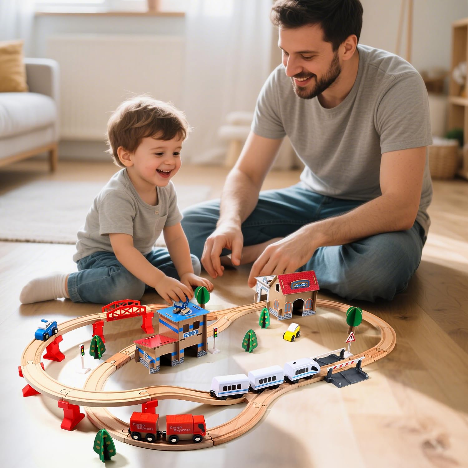 Electric Wooden Train Track Set Toy for Toddlers & Kids | 88 PCS Premium Beech Wood Train Tracks, Magnetic Train Set