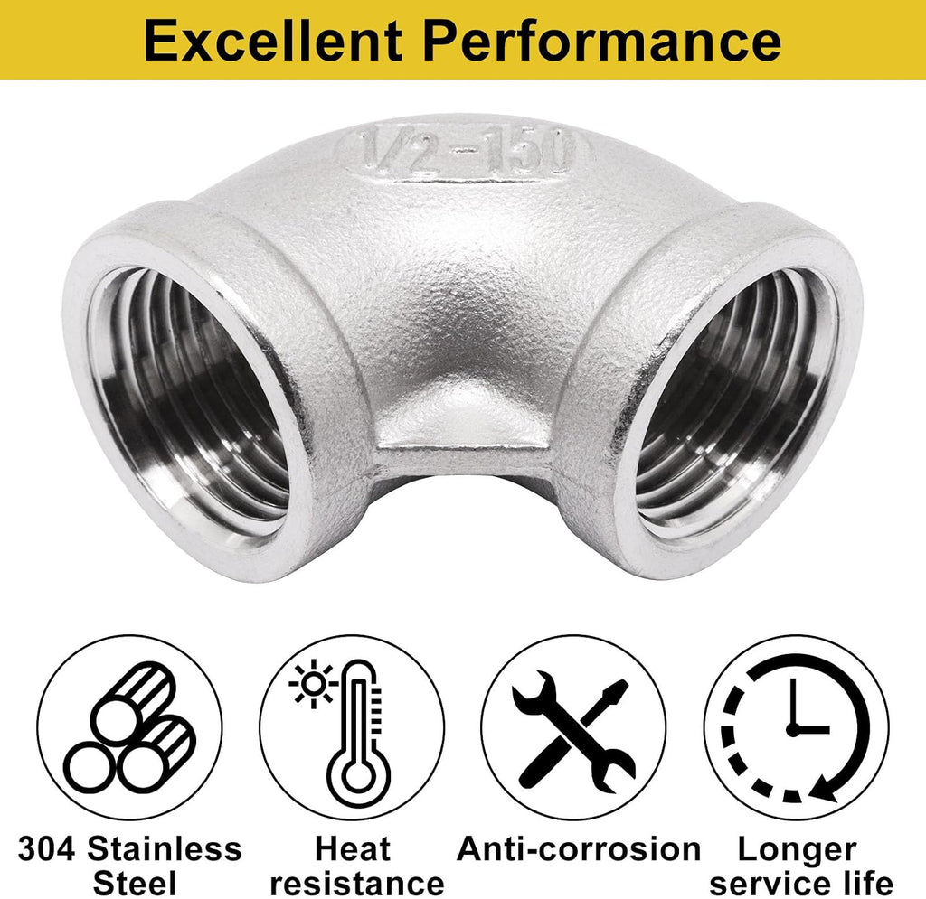 2Pcs 304 Stainless Steel 90 Degree Elbow 1/2" NPT Female x 1/2" NPT Female Threaded Pipe Fitting