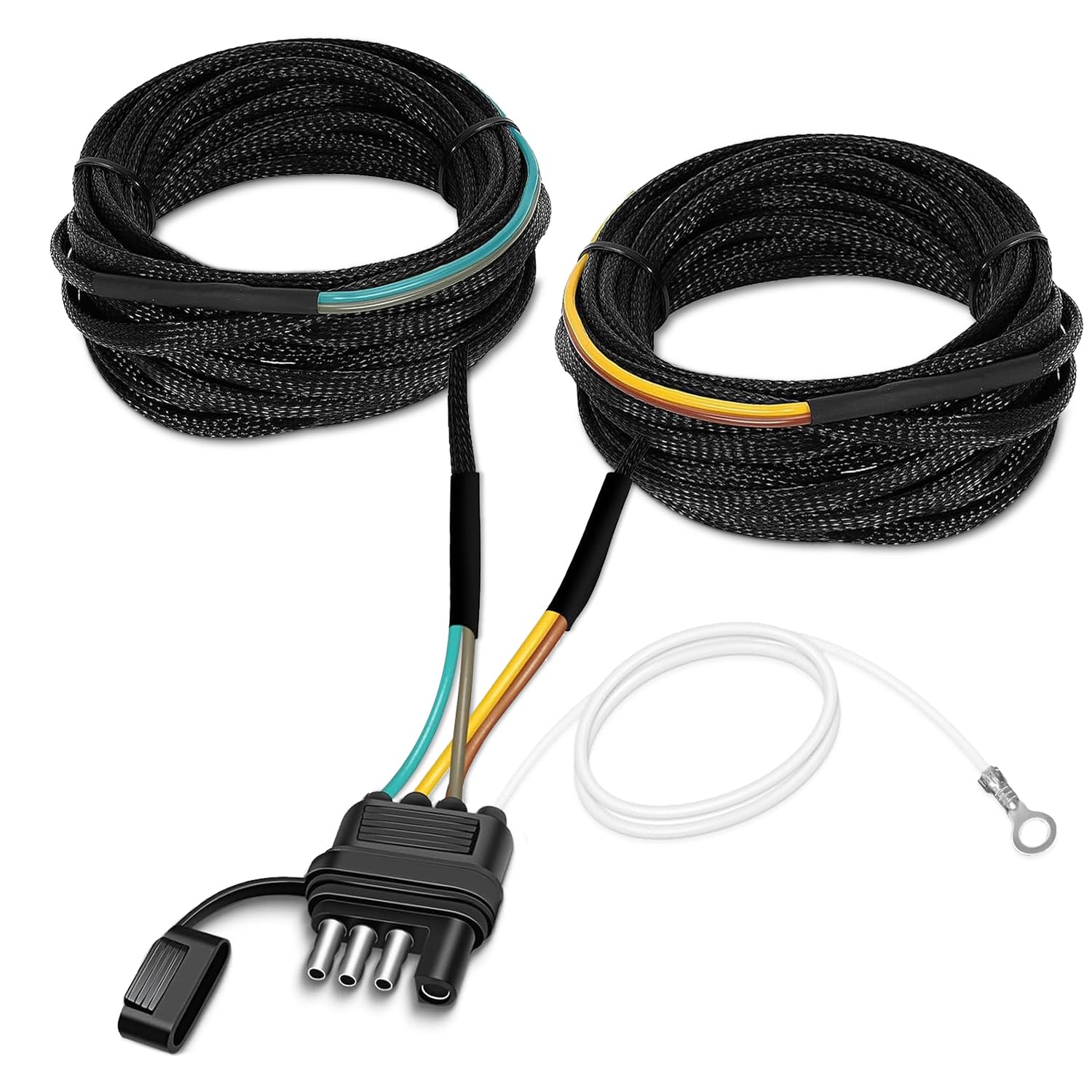 25Ft 4 Pin 5 Way Trailer Wiring Harness Kit with Black Nylon Protective Sleeve, Quick-Connect 4 Pin Flat Extension