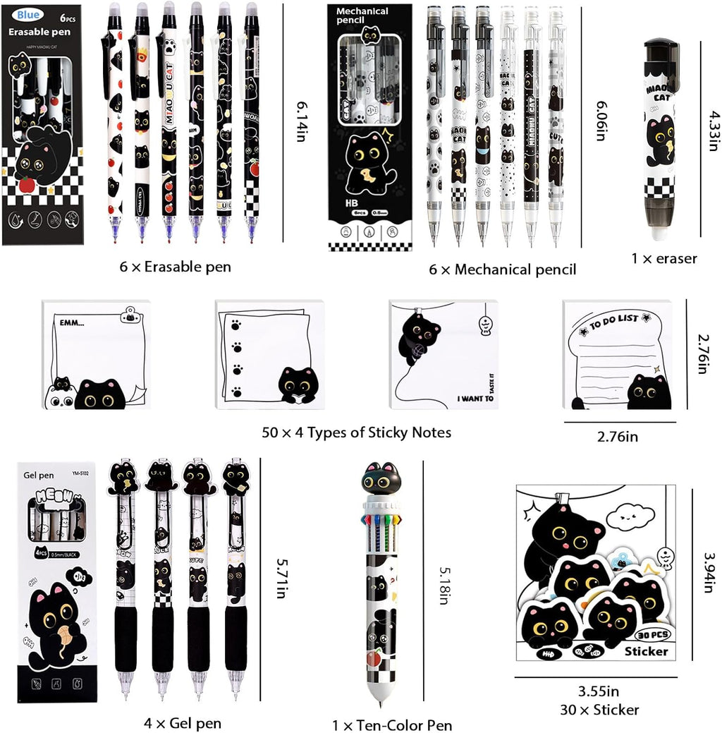 Black Cute Cat Stationery Set,School Supplies with Sticky Notes,Pencils | Kawaii Cat Design Includes