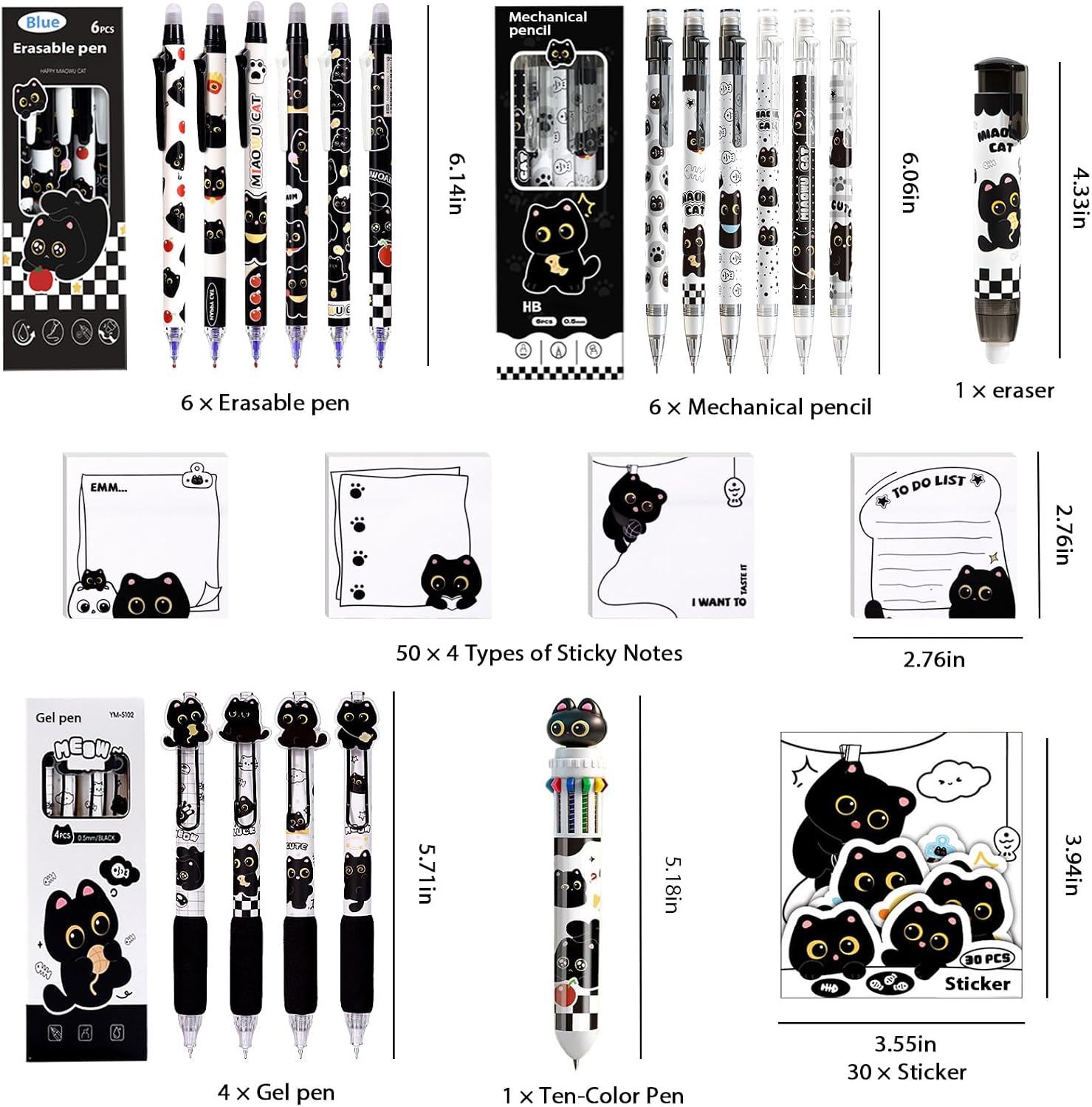 Black Cute Cat Stationery Set,School Supplies with Sticky Notes,Pencils | Kawaii Cat Design Includes