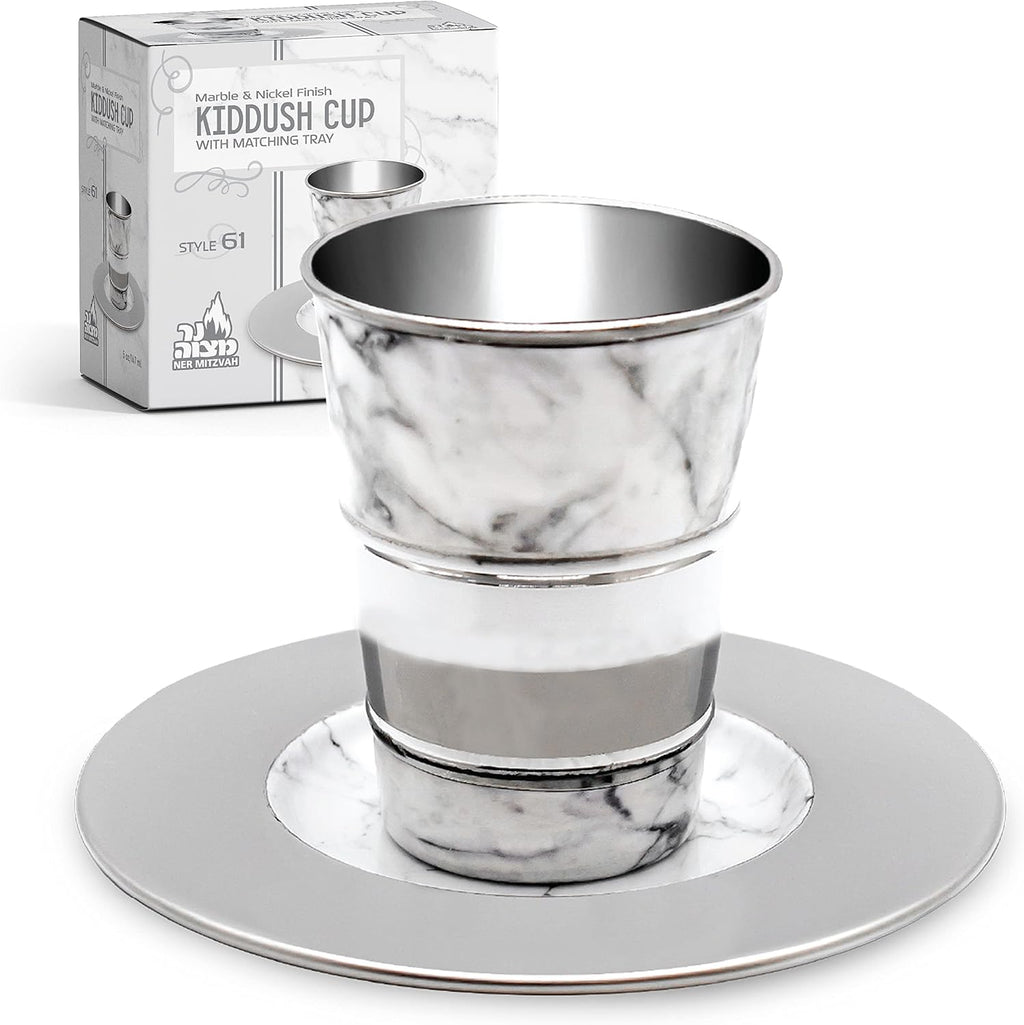Kiddush Cup and Tray - Premium Quality White Marble and Nickel Plated Wine Cup - For Shabbat and Havdalah - Judaica