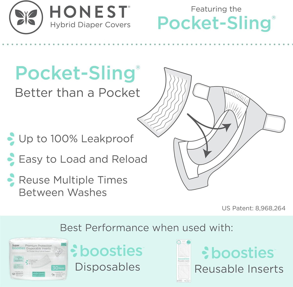 Honest Hybrid Cloth Diaper Covers with Pocket-Sling, Large (22-40 lbs), Stops Nighttime Leaks, Use with Boosties