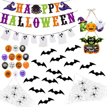 100+ Piece Halloween Decorations Set - All-in-One Kit Halloween Decor with Banner, Hanging Bats, Spider Web