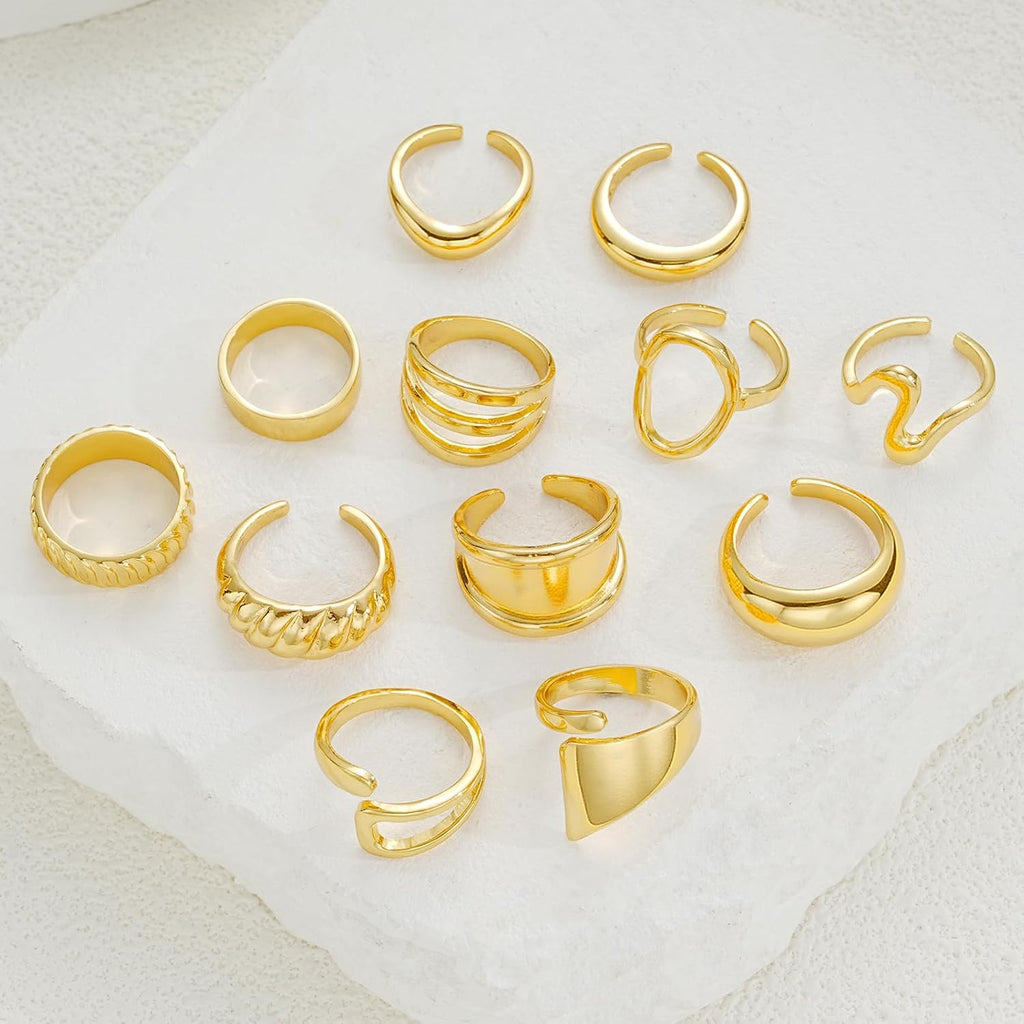 Chunky Gold Stackable Rings for Women Non Tarnish, 18K Gold-Plated Statement Open Stacking Rings, Knuckle Band Ring Set