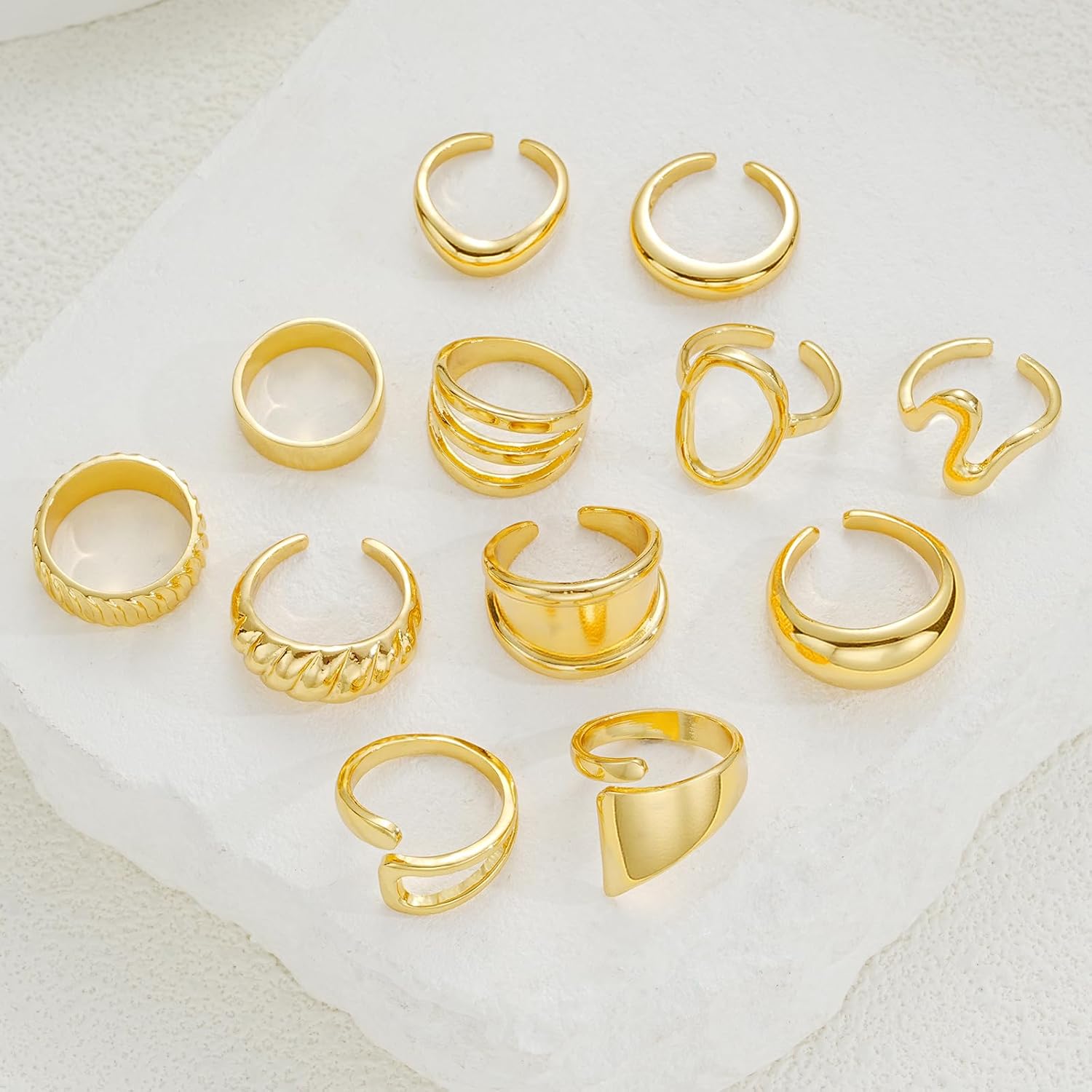 Chunky Gold Stackable Rings for Women Non Tarnish, 18K Gold-Plated Statement Open Stacking Rings, Knuckle Band Ring Set