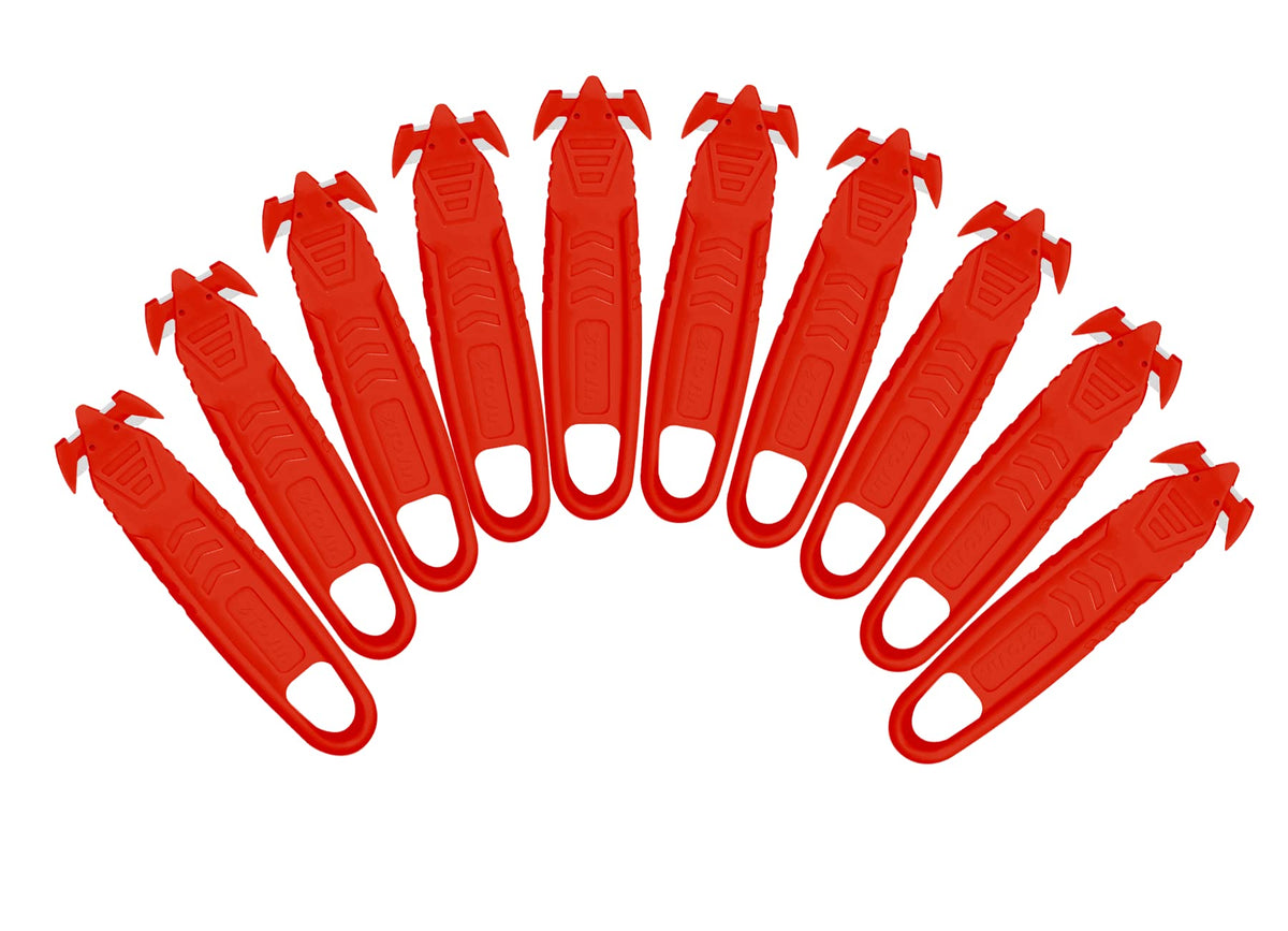 Safety Box Cutter Knife, Recessed SS Blade, 10-Pack, Red