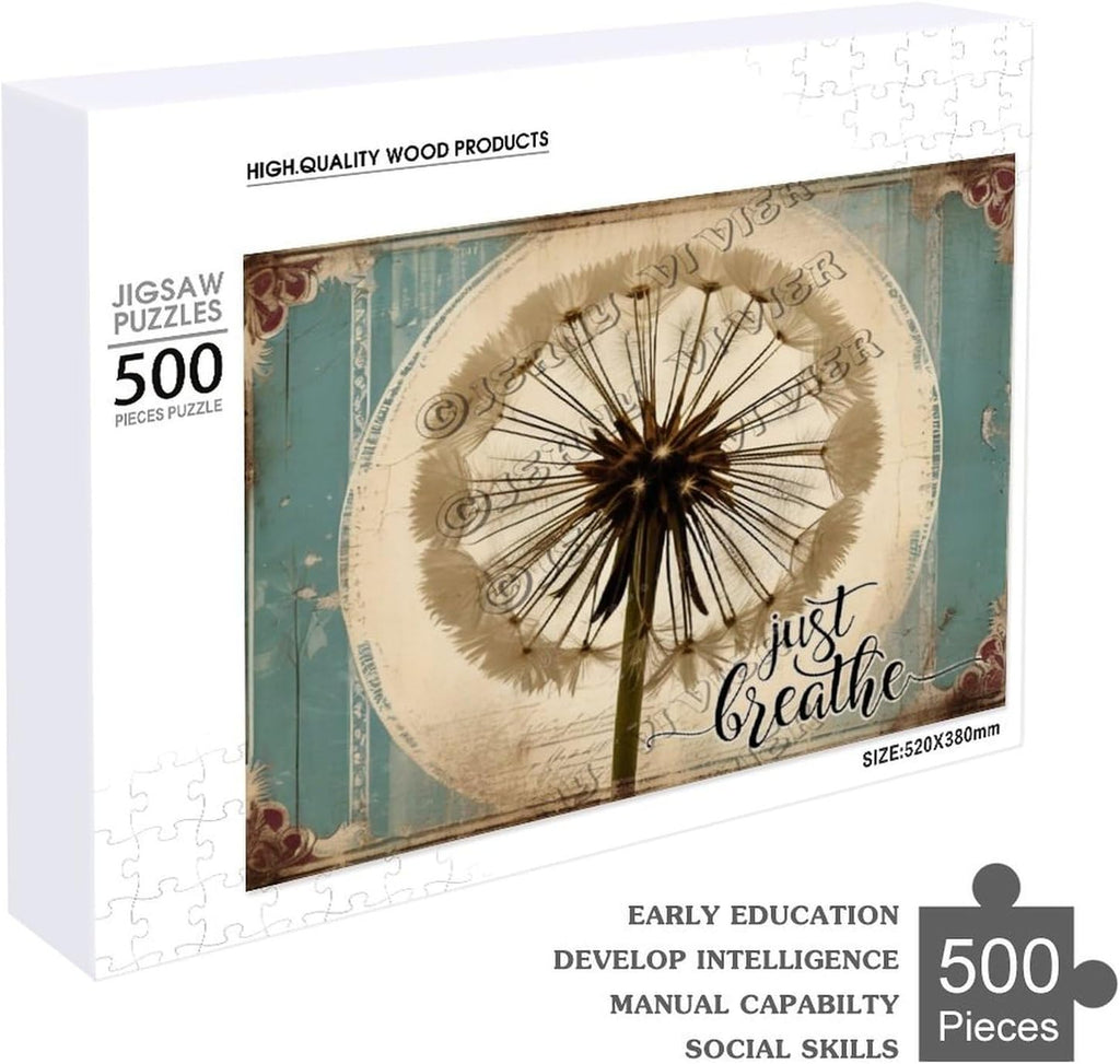 Dandelion Just Breathe 500 Piece Puzzles for Adults Wooden Wall Art Decorative Sign for Bedroom Living Room Kitchen