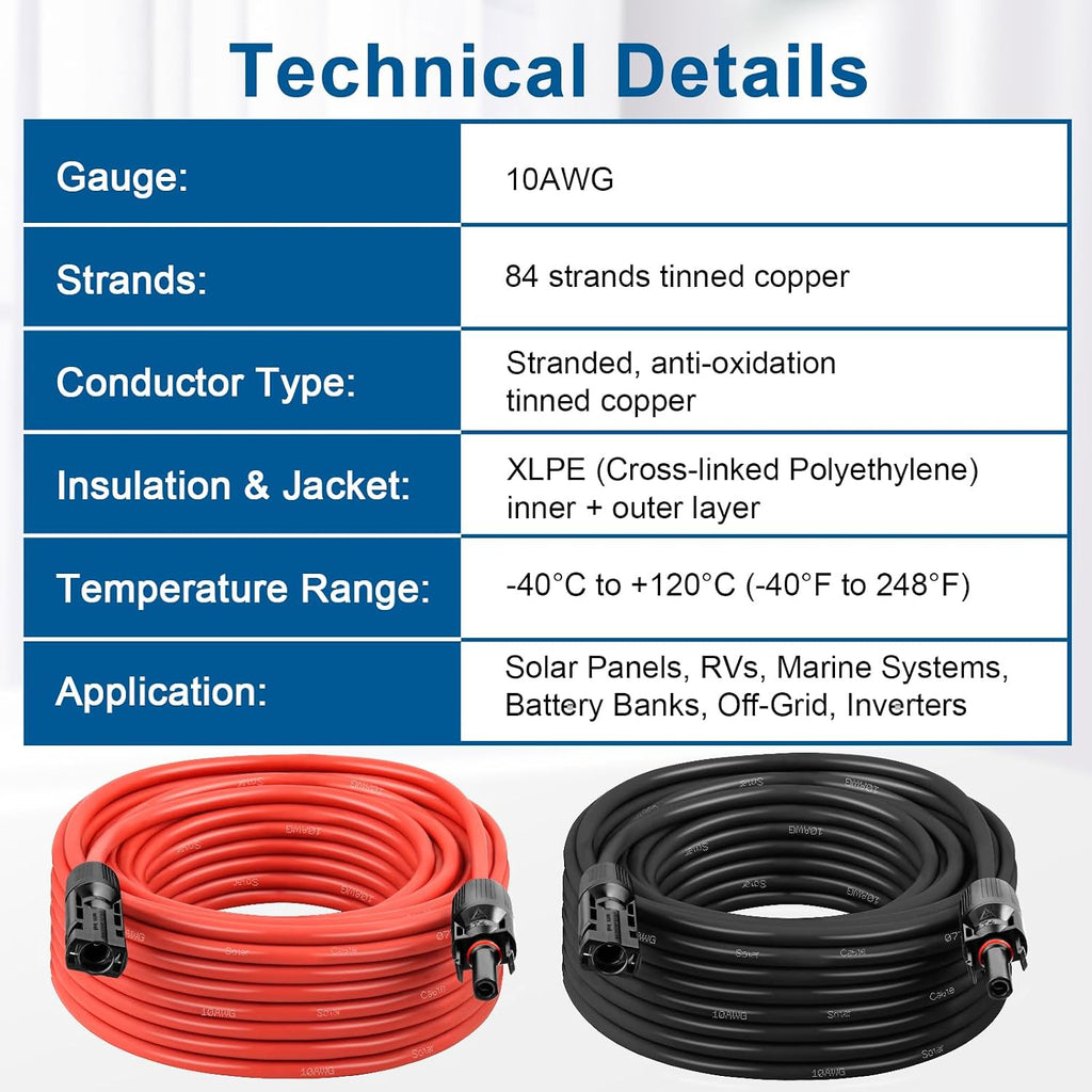 10AWG Solar Extension Cable 5FT – 2 Pack Red & Black PV Wire with Solar Connectors, 84-Strand Tinned Copper, Dual