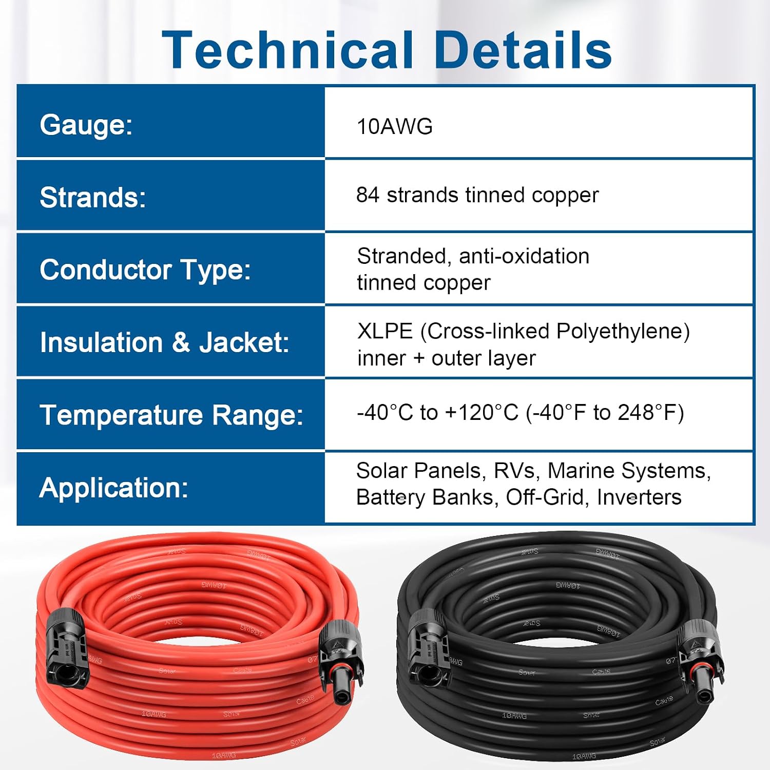 10AWG Solar Extension Cable 5FT – 2 Pack Red & Black PV Wire with Solar Connectors, 84-Strand Tinned Copper, Dual