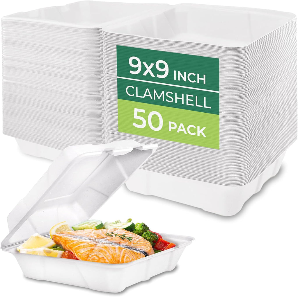 Compostable 9x9" Clamshell Take Out Food Containers [50-Pack] - Biodegradable Sugarcane To Go Boxes - Paper Food