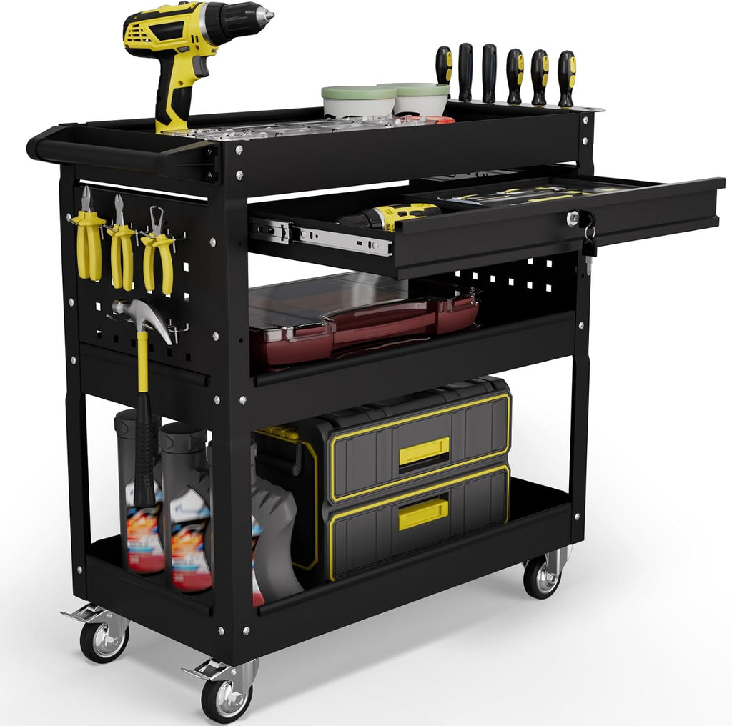 3 Tier Tool Cart on Wheels with Drawers - Three Tier Rolling Cart with Lockable Storage - Mechanic Tool Chest - Tool