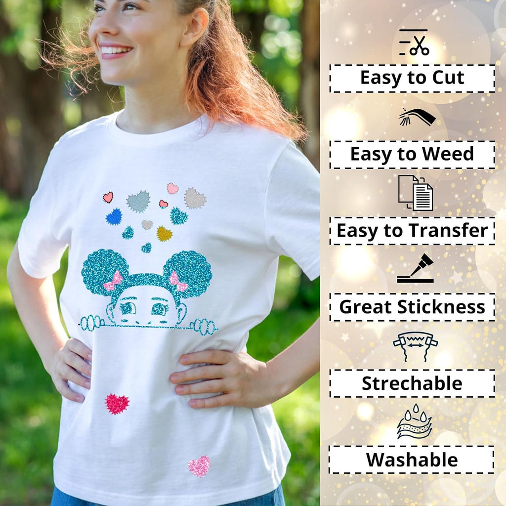 Glitter Heat Transfer Vinyl - 15 Pack 12" x 10" Glitter HTV Vinyl | HTV Sheets Glitter HTV Vinyl for T-Shirts